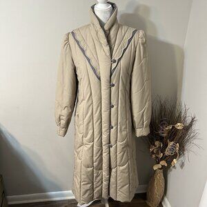Vtg Mod Maid Womens Puffer Coat Beige Quilted Pocket Retro Full Zip Buttons Sz S